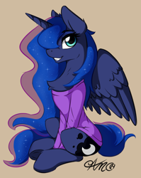Size: 988x1244 | Tagged: safe, artist:arjinmoon, princess luna, alicorn, pony, chest fluff, clothes, cute, ear fluff, female, hair over one eye, horn, leg fluff, looking at you, lunabetes, mare, profile, shirt, simple background, sitting, smiling, smiling at you, solo, spread wings, tan background, underhoof, wings