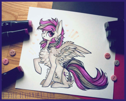 Size: 1437x1161 | Tagged: safe, artist:tenebristayga, oc, oc only, pegasus, pony, chest fluff, female, mare, marker drawing, photo, raised hoof, simple background, sitting, smiling, solo, spread wings, traditional art, white background, wings