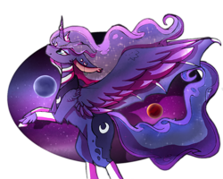 Size: 1024x820 | Tagged: safe, artist:kitsentuu, princess luna, alicorn, pony, ear piercing, female, horn, horn jewelry, hybrid wings, jewelry, looking up, mare, partial background, piercing, planet, rearing, solo, space, spread wings, wings