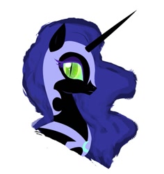 Size: 511x542 | Tagged: source needed, safe, artist:peachiekeenie, nightmare moon, alicorn, pony, black coat, bust, female, green eyes, horn, looking at you, mare, simple background, solo, white background