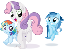 Size: 1024x784 | Tagged: dead source, safe, artist:kumkrum, derpibooru import, sweetie belle, oc, oc:ragtag, oc:shooting star, filly, foal, foalsitter, offspring, parent:rainbow dash, parent:soarin', parents:soarindash, simple background, transparent background