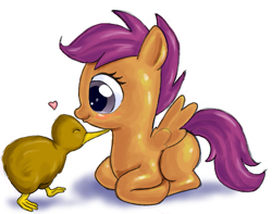 Size: 971x766 | Tagged: safe, artist:rocketknightgeek, scootaloo, bird, eyes closed, heart, kiwi, prone, scootaloo can't fly, smiling, solo