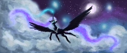 Size: 1650x700 | Tagged: safe, artist:banananamilk, nightmare moon, alicorn, pony, black coat, detailed background, female, mare, solo