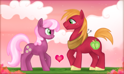 Size: 900x538 | Tagged: safe, artist:mn27, derpibooru import, big macintosh, cheerilee, earth pony, pony, cheerimac, heart, male, shipping, stallion, straight