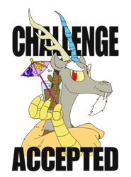 Size: 300x406 | Tagged: safe, discord, draconequus, challenge accepted, horn, male, reaction image, solo