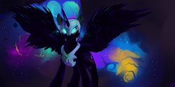 Size: 1200x600 | Tagged: safe, artist:nyanamo, nightmare moon, alicorn, pony, black coat, female, horn, mare, solo, wings