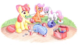 Size: 1200x700 | Tagged: safe, artist:muffinshire, apple bloom, scootaloo, sweetie belle, earth pony, pegasus, pony, unicorn, adorabloom, cute, cutealoo, cutie mark crusaders, diasweetes, first aid, hammer, injured, mouth hold, repairing, scootalove, scooter, screwdriver, teary eyes, toolbox, tools, traditional art