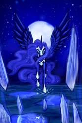 Size: 1073x1603 | Tagged: safe, artist:dalagar, nightmare moon, alicorn, pony, female, gem, mare, moon, night, reflection, solo