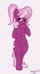 Size: 1040x1904 | Tagged: safe, artist:skoon, derpibooru import, cheerilee, earth pony, pony, alternate hairstyle, bipedal, blushing, cheeribetes, cute, female, looking at you, mare, oh dat cheerilee, pigtails, simple background, solo, white background