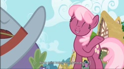 Size: 856x476 | Tagged: safe, edit, edited screencap, screencap, cheerilee, spike, dragon, earth pony, pony, secret of my excess, caption, female, holocaust, male, mare, youtube caption