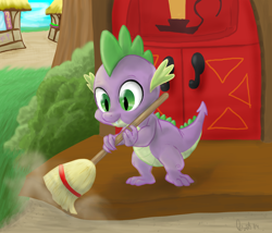 Size: 2100x1800 | Tagged: safe, artist:dawnmistpony, derpibooru import, spike, dragon, broom, door, solo