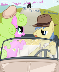 Size: 825x1000 | Tagged: safe, artist:tex, daisy, flower wishes, goldengrape, sir colton vines iii, bonnie and clyde, car, car chase, daisygrape, female, hat, male, parody, shipping, straight