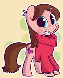 Size: 575x716 | Tagged: artist needed, safe, braces, clothes, gravity falls, mabel pines, ponified, solo, sweater