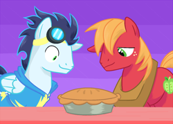 Size: 1200x860 | Tagged: safe, artist:tex, big macintosh, soarin', earth pony, pony, goggles, male, pie, stallion, that pony sure does love pies, wonderbolts uniform