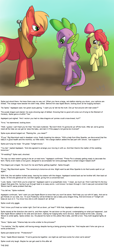 Size: 1288x2832 | Tagged: safe, artist:dayland, artist:sharpy, derpibooru import, apple bloom, big macintosh, spike, dragon, earth pony, pony, blushing, fanfic, female, filly, implied foalcon, implied sex, interspecies, male, pregnant, shipping, spikebloom, stallion, straight, text