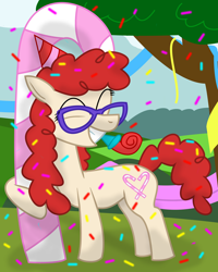 Size: 2000x2498 | Tagged: safe, artist:dazed-and-wandering, derpibooru import, twist, earth pony, pony, candy cane, confetti, eyes closed, female, filly, glasses, high res, solo