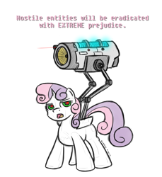 Size: 1280x1400 | Tagged: safe, artist:scherzo, derpibooru import, sweetie belle, sweetie bot, pony, robot, robot pony, unicorn, android, blank flank, energy weapon, female, filly, foal, gynoid, hooves, horn, laser, red eyes, simple background, solo, text, weapon, white background