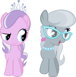 Size: 1600x1618 | Tagged: safe, artist:lumorn, derpibooru import, diamond tiara, silver spoon, earth pony, pony, glasses, open mouth, simple background, smiling, transparent background