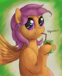 Size: 1200x1474 | Tagged: safe, artist:ratwhiskers, scootaloo, pony, alternate hairstyle, ask pregnant scootaloo, juice box, pregnant, teen pregnancy, uguu