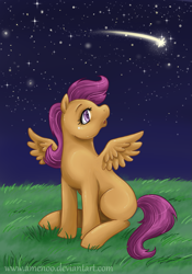 Size: 1123x1600 | Tagged: safe, artist:amenoo, derpibooru import, scootaloo, pegasus, pony, detailed background, female, filly, solo