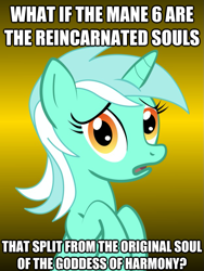 Size: 625x833 | Tagged: safe, lyra heartstrings, pony, unicorn, conspiracy, conspiracy lyra, exploitable meme, female, green coat, horn, image macro, looking at you, mare, meme, open mouth, simple background, solo, text, two toned mane