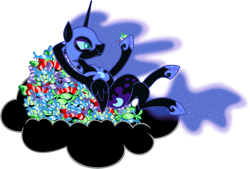 Size: 7138x4814 | Tagged: safe, artist:abydos91, nightmare moon, absurd resolution, candy, cloud, crossed legs, eating, nightmare night, simple background, transparent background, vector