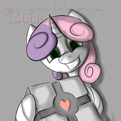 Size: 1024x1024 | Tagged: artist needed, safe, derpibooru import, sweetie belle, sweetie bot, pony, robot, robot pony, unicorn, companion cube, female, filly, foal, gray background, hooves, horn, looking at you, portal (valve), simple background, solo, teeth, text