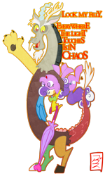 Size: 766x1278 | Tagged: safe, artist:cruddydoodles, derpibooru import, discord, screwball, carrying, chaos, dialogue, hat, parody, propeller hat, swirly eyes, the lion king, umbrella, upside down