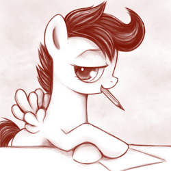 Size: 600x600 | Tagged: safe, artist:rainbow, derpibooru import, scootaloo, pegasus, pony, drawing, female, filly, looking at you, monochrome, mouth hold, paper, pencil, solo