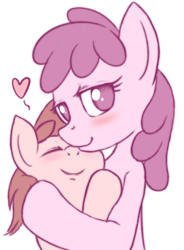 Size: 432x587 | Tagged: safe, artist:swaetshrit, berry punch, berryshine, ruby pinch, earth pony, pony, unicorn, duo, duo female, female, filly, hug, mare, mother and child, mother and daughter, parent and child