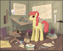 Size: 1091x889 | Tagged: safe, artist:marbleyarns, apple bloom, airship, blueprint, book, engineering, interior, looking at you, messy, older, paintbrush, pencil, smiling, solo, standing, table