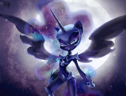 Size: 1280x977 | Tagged: safe, artist:holivi, nightmare moon, alicorn, pony, semi-anthro, armor, bipedal, impossibly narrow waist, midriff, moon, night, solo, spread wings, unconvincing armor