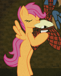 Size: 2480x3072 | Tagged: safe, artist:ningadash, derpibooru import, featherweight, scootaloo, female, high res, kissing, male, parody, scootaweight, shipping, spider-man, spidercolt, straight, upside down kiss