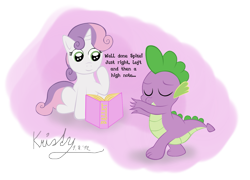 Size: 1669x1204 | Tagged: safe, artist:kika1057, spike, sweetie belle, dragon, dancing, male