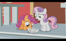 Size: 1024x640 | Tagged: safe, derpibooru import, screencap, scootaloo, sweetie belle, ponyville confidential, meme, newspaper, ponyville schoolhouse, youtube caption