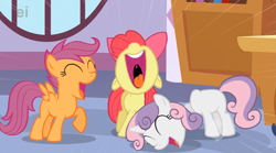 Size: 1559x866 | Tagged: safe, edit, edited screencap, screencap, apple bloom, scootaloo, sweetie belle, sweetie bot, pony, robot, robot pony, unicorn, blank flank, cutie mark crusaders, decapitated, disembodied head, eyes closed, female, filly, floppy ears, foal, hooves, horn, laughing, nose in the air, open mouth, raised hoof, robot gore, severed head, smiling, spread wings, teeth, tongue out, trio, uvula, volumetric mouth, wat, wings