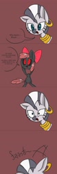 Size: 1280x3843 | Tagged: safe, artist:voids-edge, apple bloom, zecora, undead, zebra, zombie, bad end, decapitated, detached head, disembodied head, faint, protected apple bloom, red background, red eyes, severed head, simple background, story of the blanks