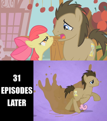 Size: 1280x1440 | Tagged: safe, derpibooru import, apple bloom, doctor whooves, sweetie belle, earth pony, pony, unicorn, apple bloom's bow, female, filly, male, mud, open mouth, smiling, stallion, text