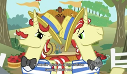 Size: 594x350 | Tagged: safe, derpibooru import, screencap, flam, flim, the super speedy cider squeezy 6000, flim flam brothers, hub logo, youtube caption