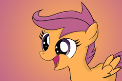 Size: 900x600 | Tagged: safe, artist:teknibaal, scootaloo, pegasus, pony, female, filly, gradient background, open mouth, smiling, solo, spread wings, three quarter view, wings