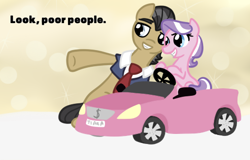 Size: 500x319 | Tagged: safe, artist:otterlore, derpibooru import, diamond tiara, filthy rich, car, power wheels, toy car