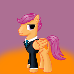 Size: 1700x1700 | Tagged: safe, artist:ponyus94, derpibooru import, scootaloo, scooteroll, clothes, rule 63, solo, suit