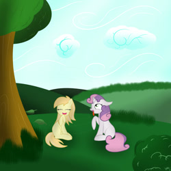 Size: 900x900 | Tagged: dead source, safe, artist:nostalgiagamerjs, noi, sweetie belle, older, tongue out, tree