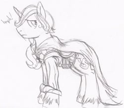 Size: 900x788 | Tagged: dead source, safe, artist:enigmaticfrustration, derpibooru import, oc, oc only, colt, male, monochrome, offspring, parent:prince blueblood, parent:trixie, parents:bluetrix, pencil drawing, sketch, solo, traditional art