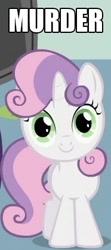 Size: 186x418 | Tagged: safe, sweetie belle, c:, dissonant caption, head tilt, image macro, looking at you, murder, one word, smiling, solo, text