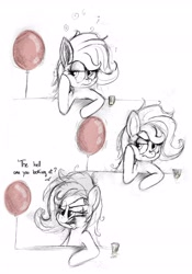 Size: 3672x5253 | Tagged: safe, artist:teknibaal, derpibooru import, pony, balloon, bar, bored, comic, dialogue, drunk, female, hoof on cheek, lidded eyes, looking at something, looking sideways, mare, messy mane, partial color, solo