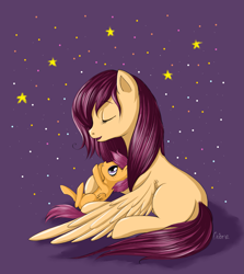 Size: 1585x1777 | Tagged: safe, artist:lisaorise, derpibooru import, scootaloo, oc, pegasus, pony, abstract background, cute, cutealoo, eyes closed, female, filly, foal, legs in air, looking up, mare, mother and child, mother and daughter, on back, open mouth, parent and child, plot, reaching, scootaloo's parents, scootalove, singing, sitting, sky, smiling, spread wings, starry backdrop, stars, wings, younger