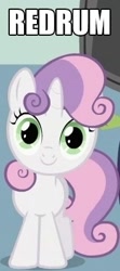 Size: 186x418 | Tagged: safe, sweetie belle, c:, head tilt, image macro, looking at you, murder, one word, redrum, smiling, solo, the shining