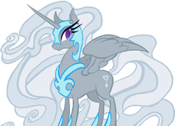 Size: 703x509 | Tagged: safe, nightmare moon, silver spoon, alicorn, pony, black coat, female, horn, mare, recolor, solo, wings