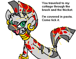 Size: 357x278 | Tagged: safe, artist:echidnajoe, artist:vinny van yiffy, zecora, zebra, dialogue, ear piercing, earring, female, jewelry, pasta, piercing, quadrupedal, simple background, solo, spaghetti, text, wat, white background